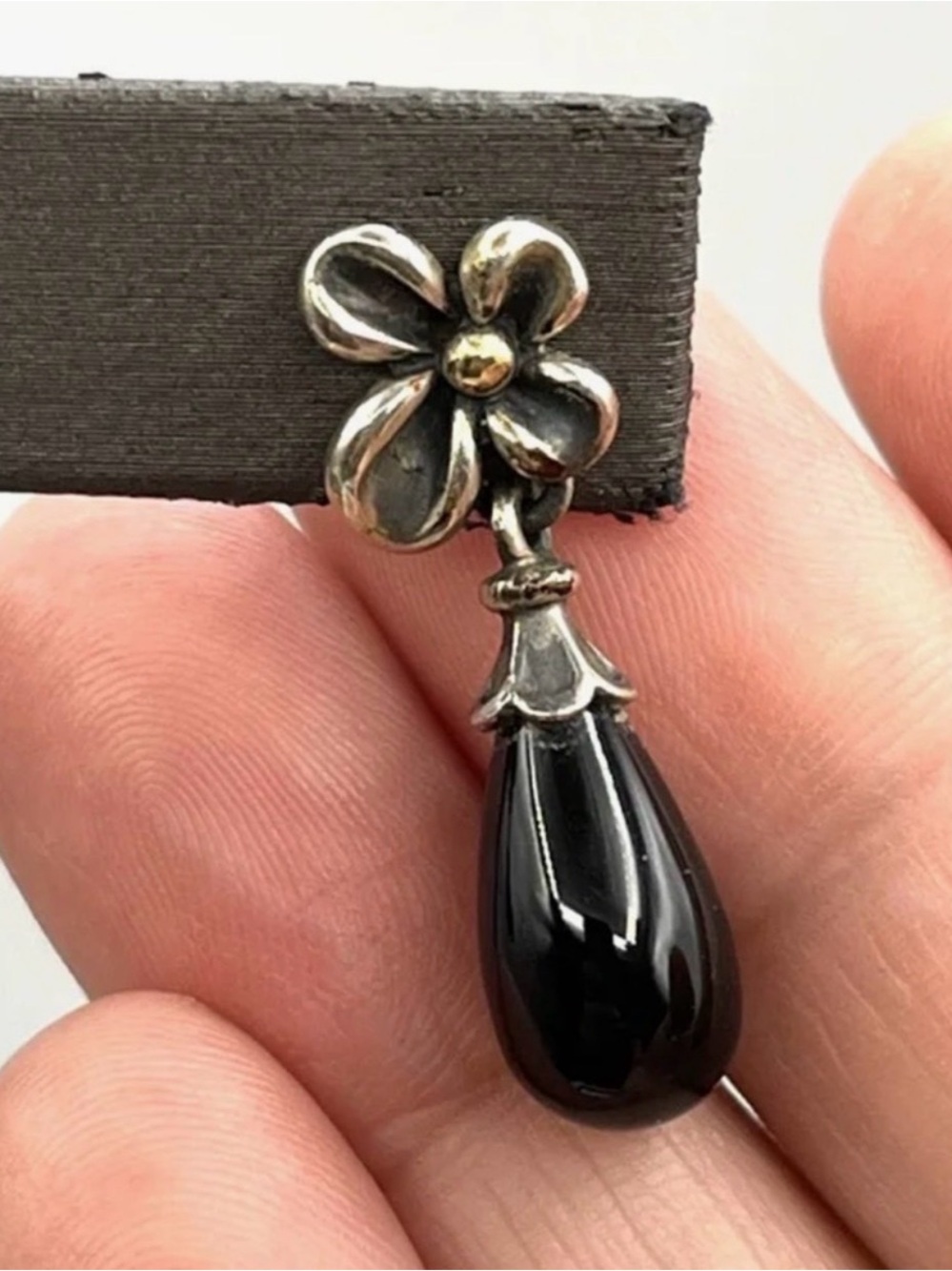 Retired & Signed Sterling Silver 18k Onyx Teardrop Dangle Earrings - Black